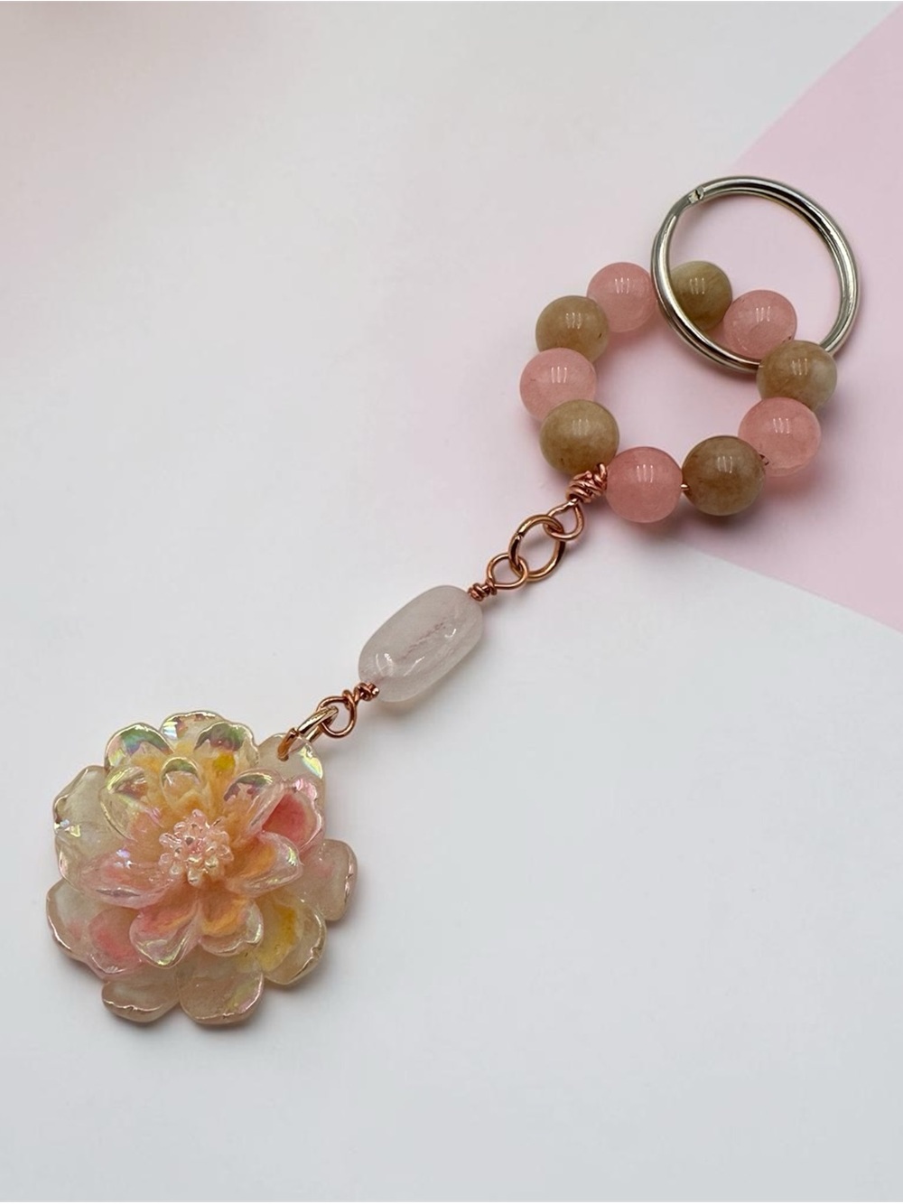 Handmade Pink Floral Keychain with Beaded Ring & Iridescent Flower Charm
